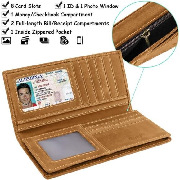 RFID Vintage Look Genuine Leather Long Bifold Wallet Checkbook Wallets for Men - Picture 3 of 8